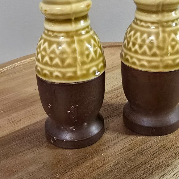 MCM Vintage Wood Base Ceramic Top Salt and Pepper Shaker - Picture 2 of 2